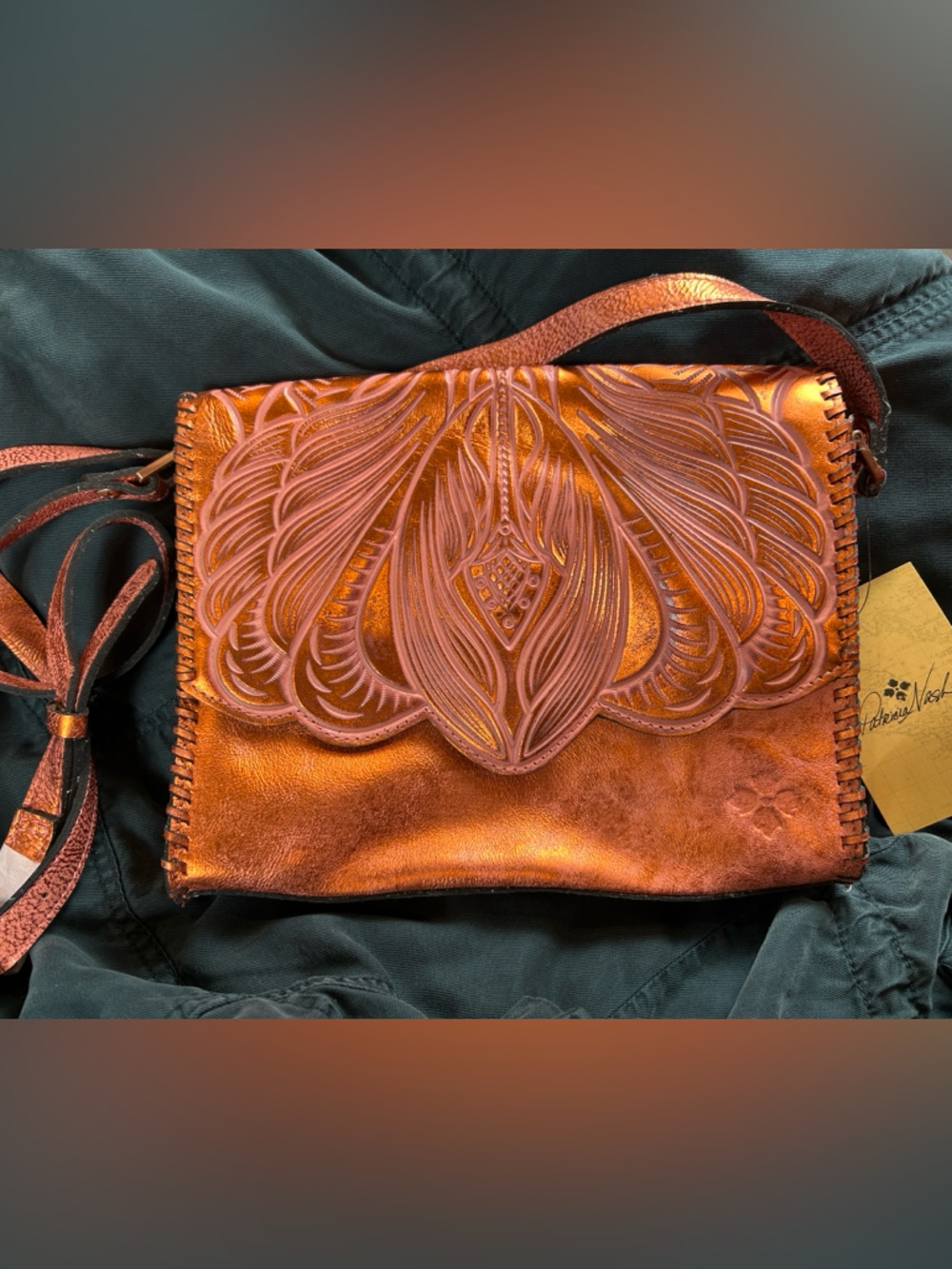 Patricia Nash Metallic Copper Tooled Burnished Leather Crossbody